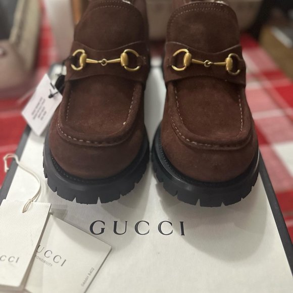 NEW GUCCI MEN'S BROWN SUEDE SHEARLING FUR HORSEBIT BOOTS/Loafer size G8/US 10 - Picture 5 of 16